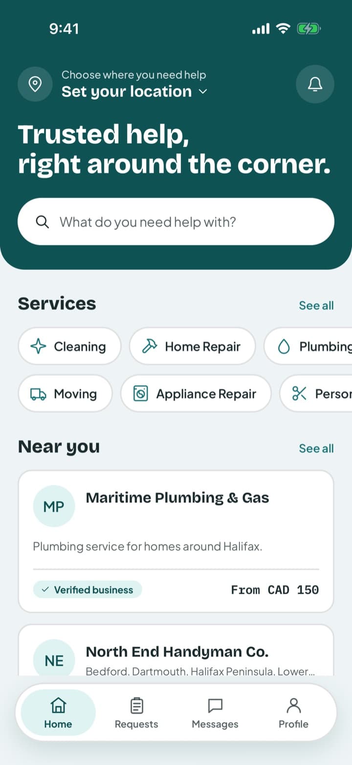 App home screen with service categories and nearby businesses