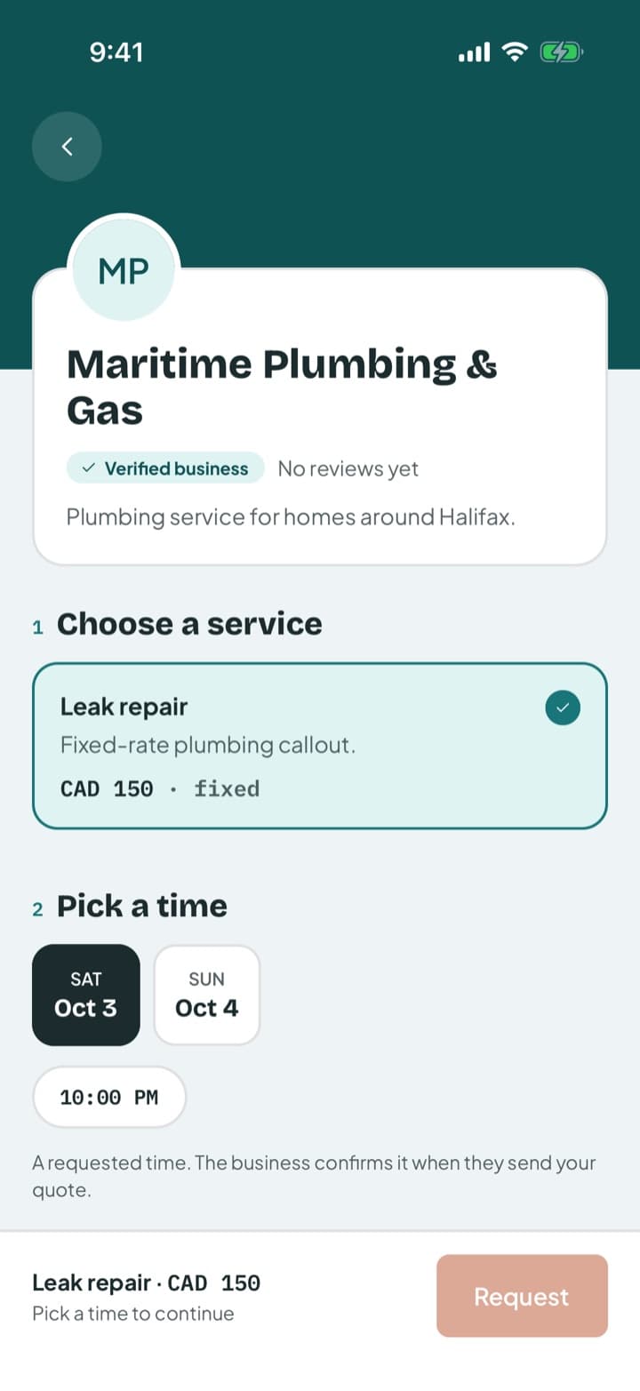Business profile with a selected service and open times