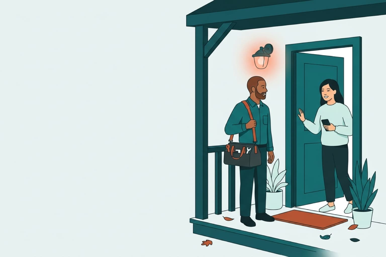 A handyman with a tool bag greeted at the front door by a homeowner under a glowing porch light
